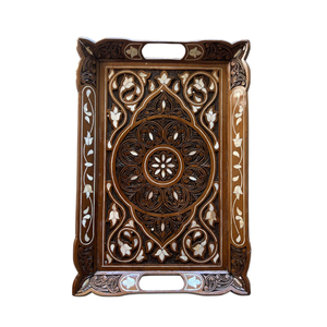Plateau de service marocain en bois de manguier sculpté à la main avec motif mandala blanc, carré, rustique, décoration de table basse de style farmhouse - Product Image 3