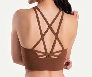 เสื้อชั้นในกีฬาโยคะแบบไร้ตะเข็บสำหรับผู้หญิง สีพื้น ทรง Racerback รองรับปานกลาง คอกว้าง - Product Image 2
