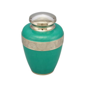 Urne funéraire artisanale en laiton vert sarcelle pour cendres humaines, grande taille adulte, avec tournesol gravé en argent - Product Image 1