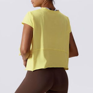 Top Corto sin Mangas para Mujer, Color Amarillo, Tejido de Punto, Poliéster Transpirable de Secado Rápido, Cuello Redondo, Corte Regular, Color Sólido, Primavera Verano - Product Image 3