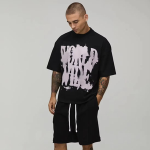 เสื้อยืดผู้ชายทรงบ็อกซี่โอเวอร์ไซส์ แขนเสื้อแบบดรอปโชว์เดอร์ ปักลายกราฟิก ผ้าฝ้าย แขนสั้น สไตล์ลำลอง สตรีทแวร์ ทรงหลวม - Product Image 1