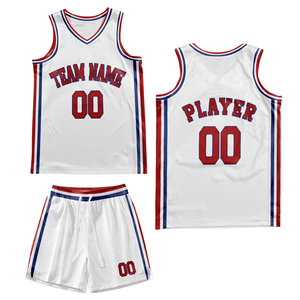 Conjunto de Uniforme de Baloncesto Retro Personalizado en Blanco con Borde Rojo y Azul, Jersey y Pantalones Cortos, Diseño con Nombre y Número del Equipo - Product Image 2