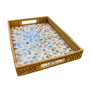 Handwoven Rattan Decorative <b>Tray</b> Mother Pearl Inlay Round Serving <b>Basket</b> Flexible Table Display Vietnam Craft - Product Image 3