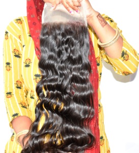 Extensions de cheveux humains 100% naturels, couleur naturelle, pour femmes, closure indienne 5*5, ondulées, double trame, ondulation profonde, cuticules soyeuses et douces. - Product Image 4