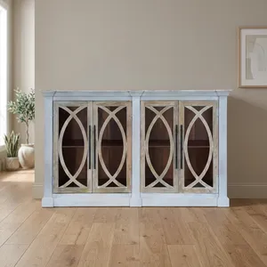 Armoire en bois indienne vintage faite à la main avec quatre portes, finition blanche vieillie, design de cadre décoratif, meuble de rangement rustique - Product Image 2