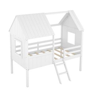 Letto a soppalco singolo per bambini, a forma di casetta in legno bianco con due finestre laterali - Product Image 5