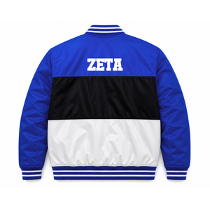 Chaqueta de carreras personalizada de la hermandad Zeta Phi Beta con logo bordado en azul y blanco, estilo racing para mujer con forro de poliéster. - Product Image 3