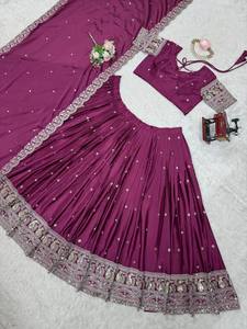 Robe traditionnelle pour femme, Lehenga Choli, brodée, avec des paillettes, travail au fil, soie Vichitra, pour mariage et fête - Product Image 5