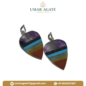 Pendentif en agate Umar gravé avec les 7 symboles des chakras, pour l'équilibre holistique, avec placage en zinc bleu pour la fabrication de bijoux - Product Image 6