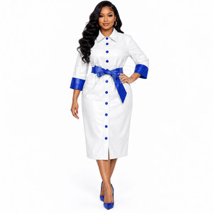 Robe chemise en cuir blanc HMR Sorority Sisterhood avec poignets contrastants bleus et ceinture, manches trois quarts, style bureau - Product Image 1