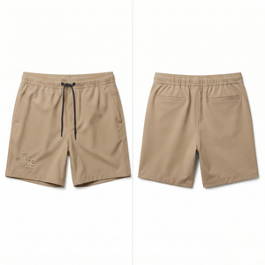 Shorts de bain pour hommes 160 GSM en polyester et élasthanne de qualité supérieure, séchage rapide, couleur beige sable, logo personnalisé en relief, taille élastique, shorts de plage - Product Image 1