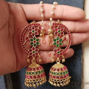 <b>Gold</b> Plated Pota Stone and Pearl Traditional Jhumki <b>Dangle</b> <b>Earrings</b> - Product Image 2