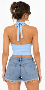 Women Ribbed Halter Neck Crop <b>Top</b> Tie Back Sleeveless Fitted Tank <b>Top</b> - Product Image 3