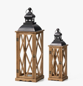 Wooden Candle <b>Lantern</b> Set Diamond Lattice Vintage Pillar Holder with Metal Roof Decorative Rustic <b>Hurricane</b> Lamp Home Decor - Product Image 1