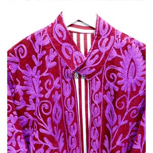 Veste élégante en velours côtelé rouge avec broderie florale violette, col et manches longues, vêtements d'extérieur pour femmes, automne - Product Image 6