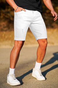 Men's White Denim Shorts Mid Waist Ripped Distressed Casual Summer Cotton Breathable Straight Leg Style - Product Image 3