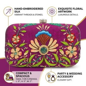 Women Embroidered Metal <b>Frame</b> Clutch Purse Floral Design Evening Handbag Party Wedding Chain Strap Fashion Box Bag - Product Image 6