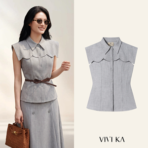ODM OEM Women's Elegant Gray Button Woven Sailor Collar Tailored <b>Blouse</b> Sleeveless Office Chic Top Polyester Spandex MELA - Product Image 1