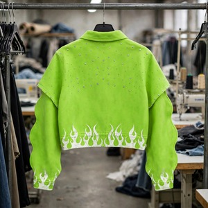 Custom Neon Green Vintage Windproof Denim <b>Jacket</b> for Women <b>Rhinestone</b> Flame Print Streetwear Zip up Casual OEM ODM Factory - Product Image 4
