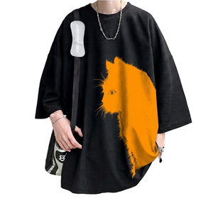 T-shirt noir surdimensionné pour homme avec imprimé chat blanc, manches courtes, col rond, style streetwear, tissu jersey respirant, coupe ample - Product Image 3
