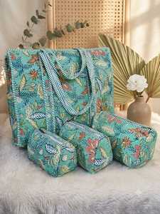 Handmade Winter Block Print Quilted <b>Tote</b> <b>Bag</b> Open Zipper Large Reusable Shopping <b>Pockets</b> Canvas Lining Wholesale Jaipur Pinksa - Product Image 1