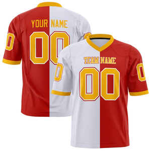 เสื้อฟุตบอลอเมริกันผู้ชายแบบซับลิเมชั่นสั่งทำคุณภาพสูง OEM พร้อมชื่อทีมและหมายเลข ผลิตจากโพลีเอสเตอร์ตาข่าย 100% แห้งเร็ว UPF 50 เป็นมิตรต่อสิ่งแวดล้อม - Product Image 4