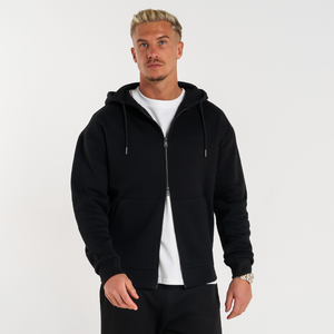 Sweat-shirt à capuche zippé noir pour homme, anti-plis, avec poches, coupe classique, en molleton bouclette tricoté, style décontracté, pour l'hiver - Product Image 1