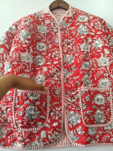 Handmade <b>Quilted</b> Cotton <b>Jacket</b>: Floral Reversible Indian Coat - Product Image 6