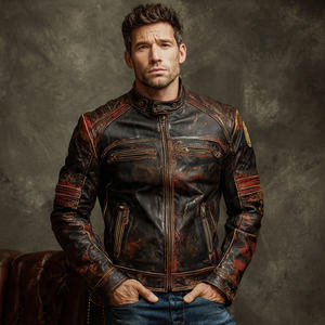 Blouson de moto unisexe en cuir véritable imprimé coupe-vent d'hiver avec fermeture éclair - Product Image 1