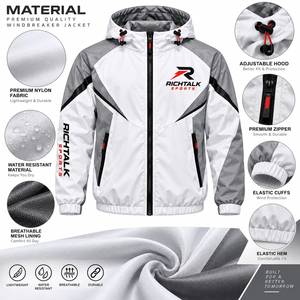 เสื้อแจ็คเก็ตบอมเบอร์มีฮู้ดกันลมสำหรับผู้ชาย สีขาวเทา แต่งสีตัดกัน ซิปด้านหน้า มีโลโก้ สไตล์สปอร์ต เหมาะสำหรับฤดูหนาวและสตรีทแวร์ - Product Image 6