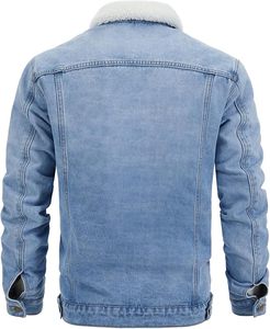 Men's Winter Casual Denim Jacket <b>Light</b> Blue 100% Cotton Button Front Stonewashed Fleece Lined Regular Fit - Product Image 2