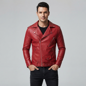 Custom Red Faux <b>Leather</b> Biker <b>Jacket</b> High Design Collar Slim Fit Coat With Belted Casual Outerwear For Unisex Comfort Wear - Product Image 4