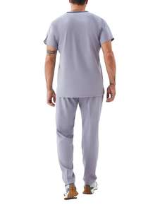 Men V-Neck <b>Scrub</b> Set Short Sleeve Top & Pants Grey Cotton Polyester Woven Hospital <b>Uniform</b> Spandex Polyester V-Neck <b>Scrubs</b> - Product Image 2