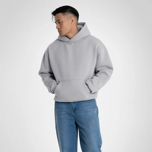 Sweat-shirt à capuche zippé gris clair surdimensionné pour homme en molleton de coton, couleur unie, avec poches, coupe classique, anti-plis - Product Image 3