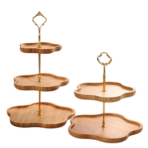 Luxury 2 Tier Walnut Finish Wood Cake Stand With Gold Tulip Metal Accents Round Serving Tray For Party Tabletop Dessert Display - Product Image 4