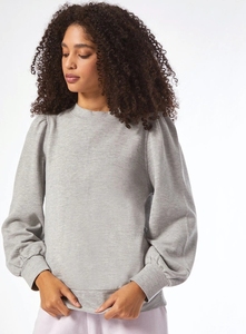 Sweat-shirt gris à manches bouffantes pour femme, couleur unie, col rond, tricoté en coton et fibre de bambou, respirant, décontracté, pour l'automne - Product Image 6