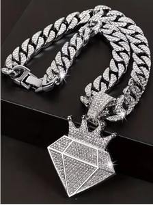 Cadena Cubana de Oro Blanco de 10K con Corona y Piedras, Cadena Real, Cadena Cubana con Piedras de la Riqueza del Rey, Collar con Corona Imperial y Piedras, Cadena Hip Hop - Product Image 4