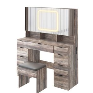 "Large <b>Dressing</b> Vanity Table with 3 Mirrors LED Lights & Full Storage Behind Mirror" - Product Image 5