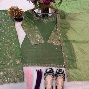 Bestselling Pakistani <b>Green</b> <b>Silk</b> Top-Sharara Dupatta Set Embroidery Sequins Work Fully Stitched Ready Wear Diwali Party Wear - Product Image 1