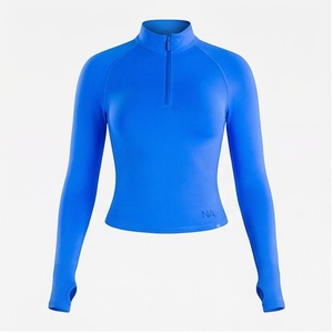 Blue Quarter-Zip Long Sleeve Crop <b>Top</b> <b>Sweat</b>-Wicking Seamless Yoga Wear Women's Sportswear - Product Image 1