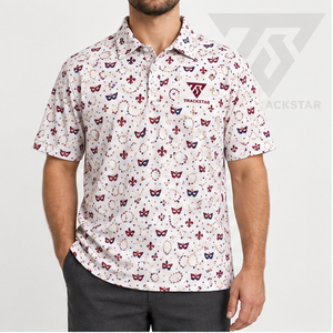 Trackstar <b>Men's</b> White <b>Burgundy</b> Carnival Mask Print <b>Polo</b> <b>Shirt</b> Short Sleeve Button Collar Golf <b>Shirt</b> Custom Logo - Product Image 1