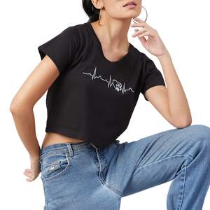 Camiseta Corta de Algodón Negra Personalizada para Mujer con Estampado Gráfico de Latido de Corazón y Huella de Pata, Camiseta Casual de Manga Corta para Amantes de Mascotas, Venta al por Mayor OEM - Product Image 5