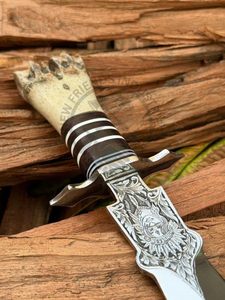 Couteau de chasse à lame fixe en acier D2 gravé à la main, type Bowie, couteau américain Dogger, couteau à ciseau avec entretoises, manche en os - Product Image 4
