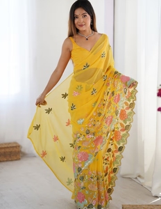 KV Women's Traditional Rayon Georgette Yellow Embellished Designer Wrinkle-Free Quick-Dry Autumn <b>Saree</b> Unstitched <b>Blouse</b> for - Product Image 3