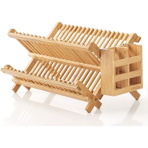 Escurridor de Platos Plegable de Bambú de 2 Niveles con Soporte para Utensilios y Cuchillos - Product Image 1