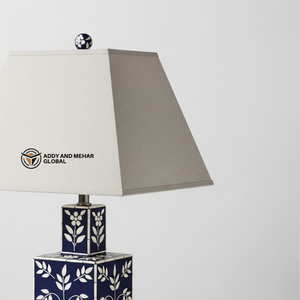 Handcrafted Blue Bone Inlay <b>Table</b> <b>Lantern</b> with Floral Pattern Luxury Tiered Square Decorative Bedside <b>Lamp</b> with Fabric Shade - Product Image 3