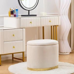 Pouf Contenitore Rotondo con Coperchio a Ribalta, Tavolino Laterale Multifunzionale con Base in Metallo, Sgabello Imbottito da Toeletta con Poggiapiedi - Product Image 2