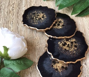 Obsidian Black Resin <b>Coaster</b> Set Golden Rim Agate Slice <b>Drink</b> Mats Tableware Dining Surface Protection Vendor Factory Outlets - Product Image 1