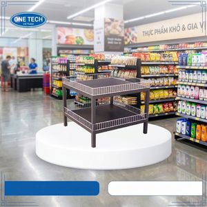 Versatile 2 Layer Square Island Display Stand Powder Coated Iron <b>Wire</b> with Lockable Casters for Retail Product Promotion - Product Image 4