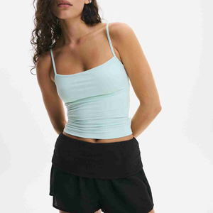 Women's Light Blue Square Neck Ruched Knitted Tank <b>Top</b> Casual Short Sleeveless Fitted Camisole Breathable Spandex Polyester <b>Top</b> - Product Image 5